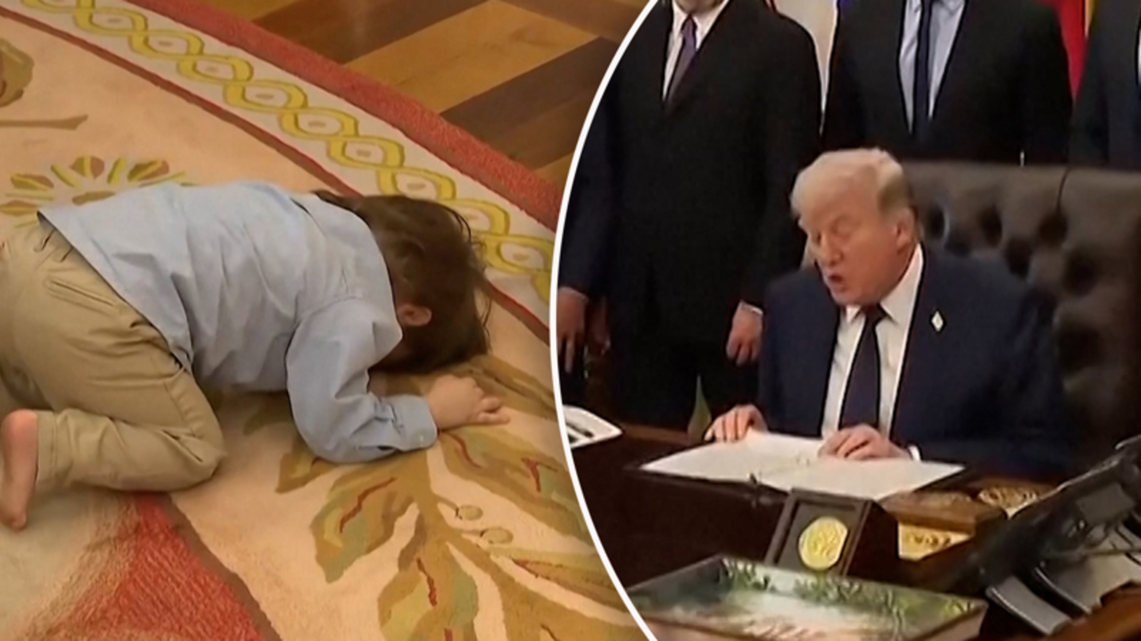 Peuter rolt over tapijt in Witte Huis tijdens toespraak Donald Trump