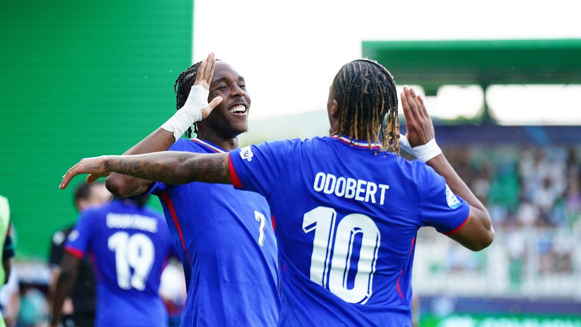 Mathys TEL of France and Wilson ODOBERT of France celebrate during the UEFA Euro U21 Quarter-finals match between Danemark and France at Tatran Arena on June 22, 2025 in Presov, Slovakia. (Photo by Daniel Derajinski/Icon Sport)