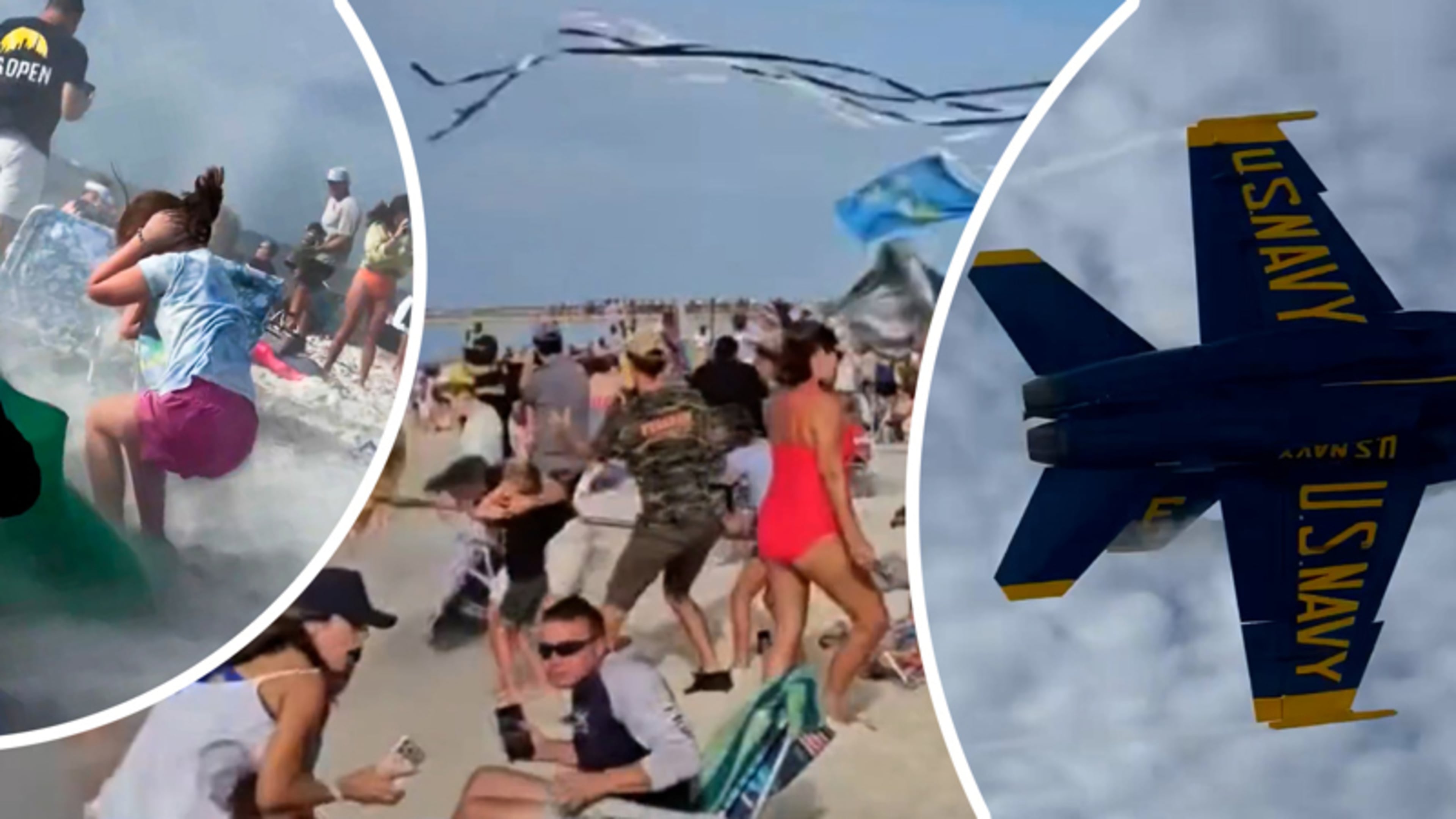 Parasols vliegen de lucht in na extreem lage fly-over straalvliegtuig Blue Angels