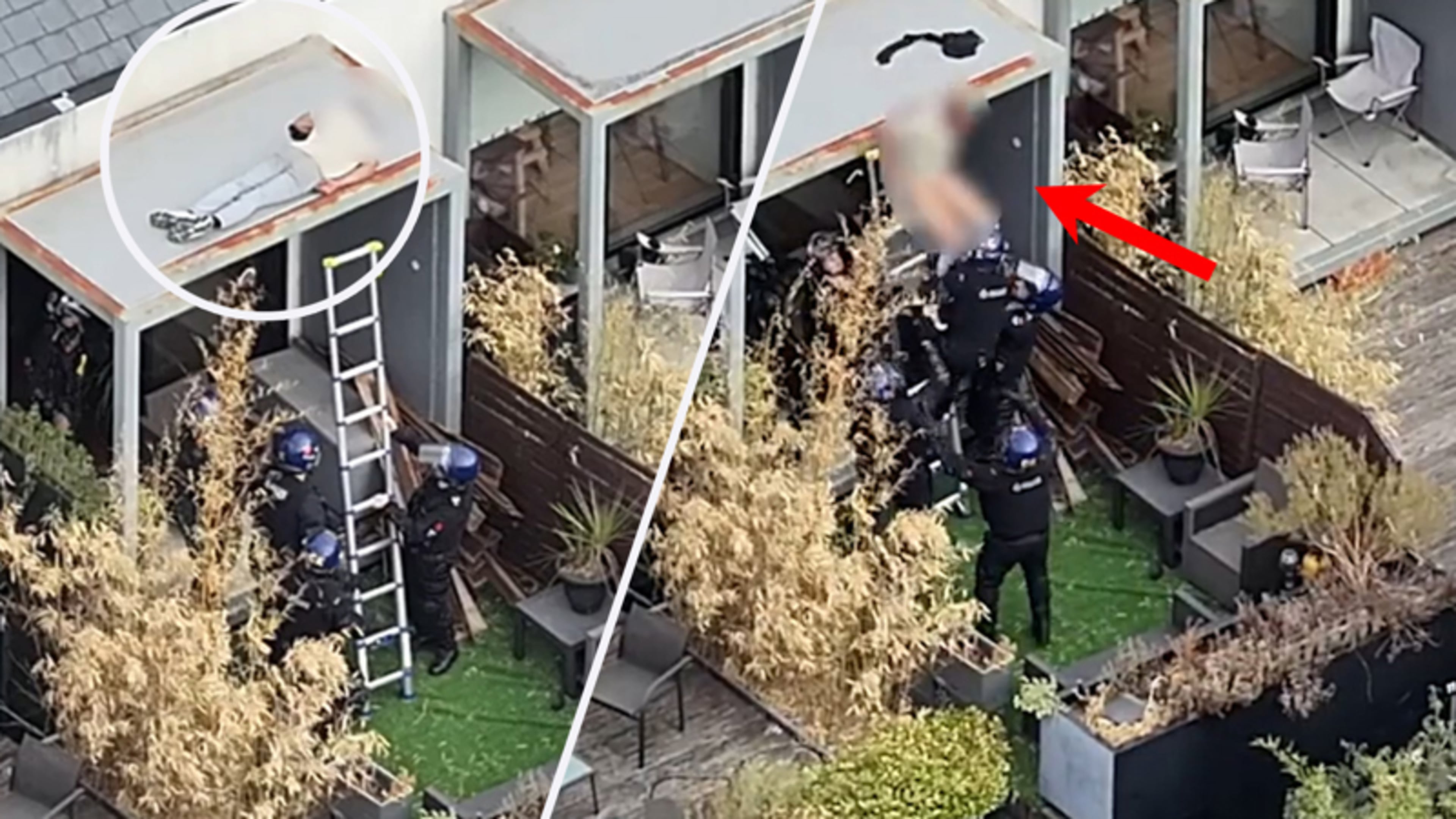 Arrestatie gefilmd: slapende man op dak opgepakt