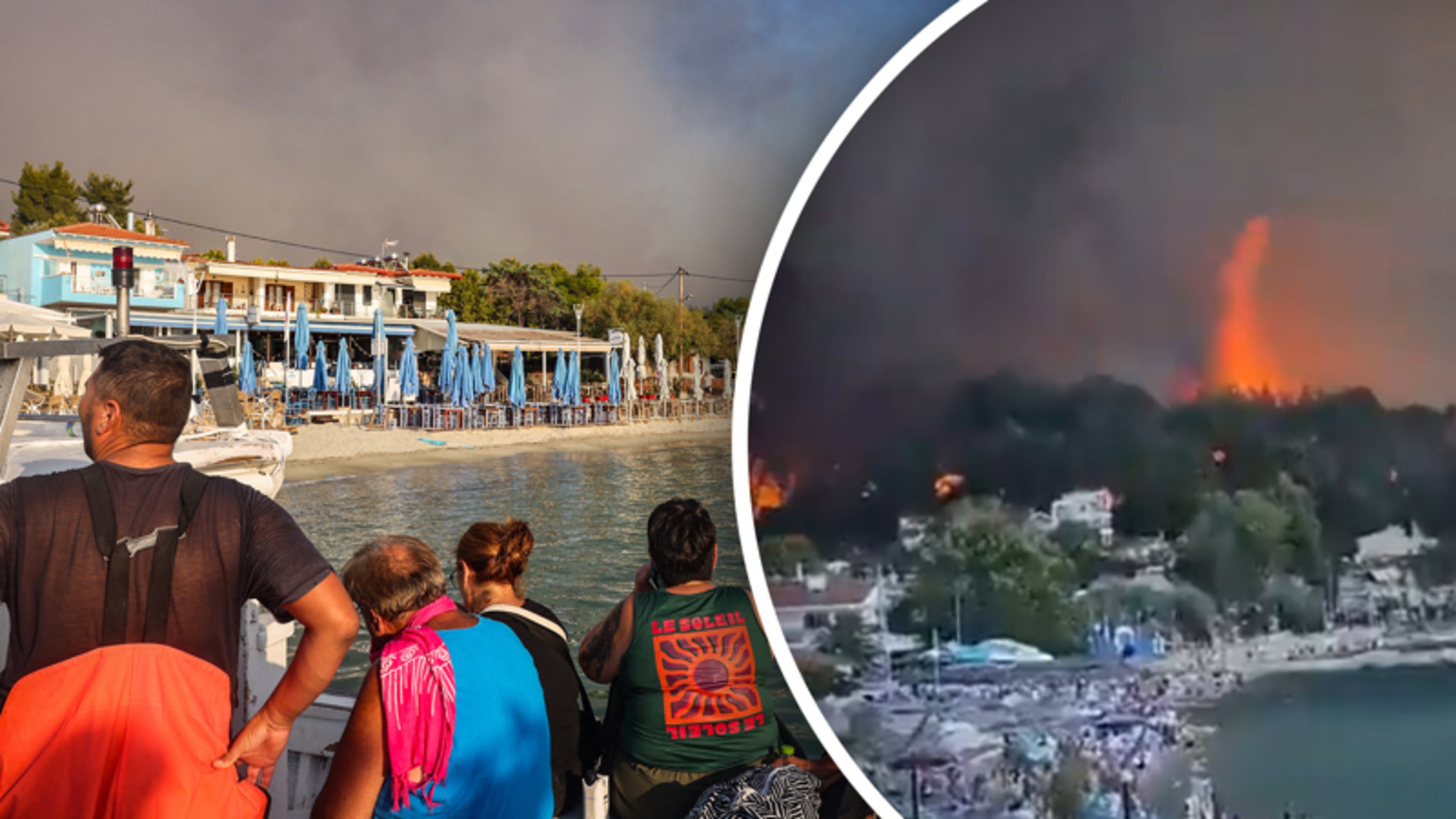 Angstige momenten op Grieks strand als enorme vuurzee dichterbij komt