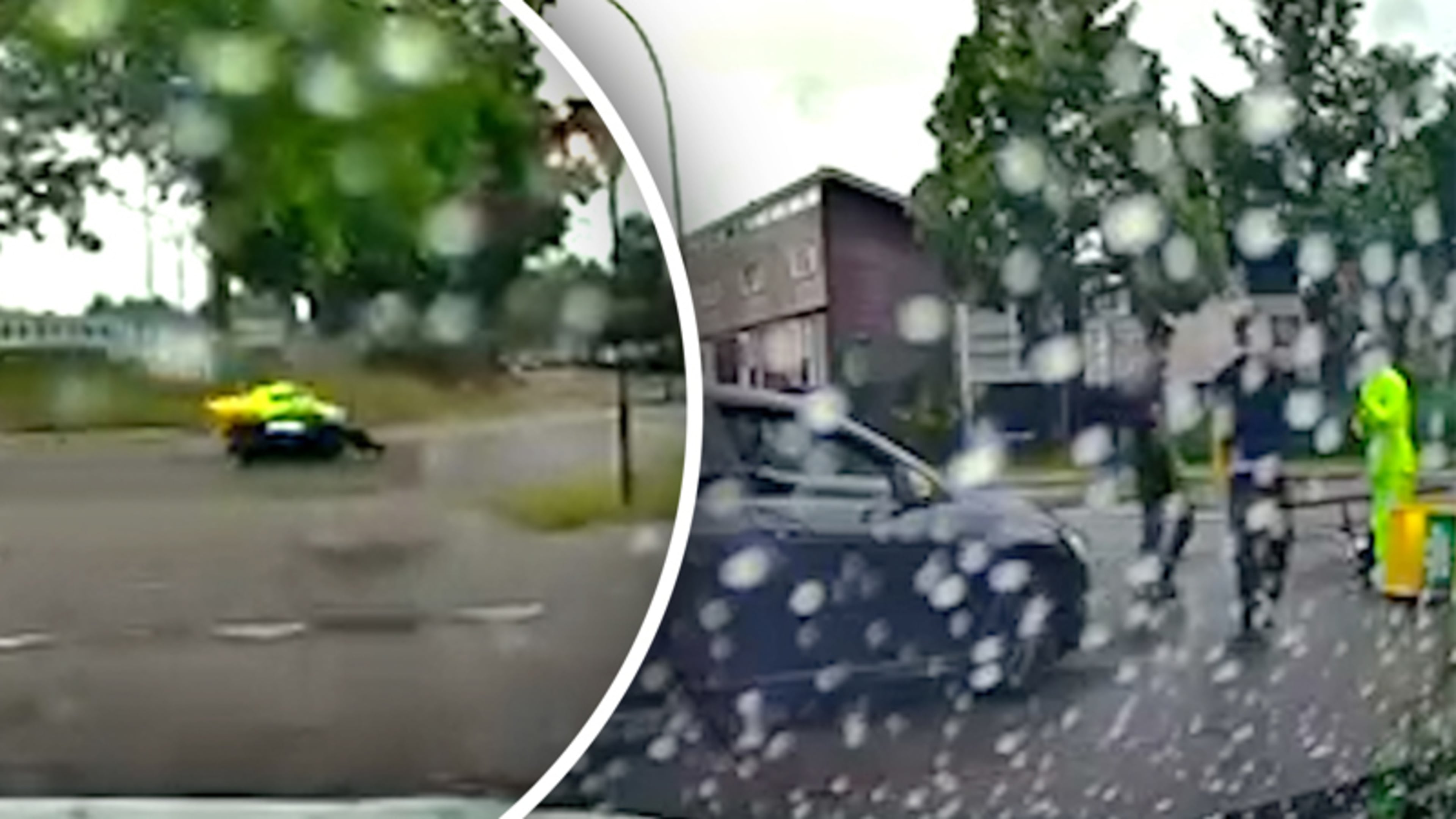 Dashcambeeld: bezorger onderuit op spekgladde rotonde