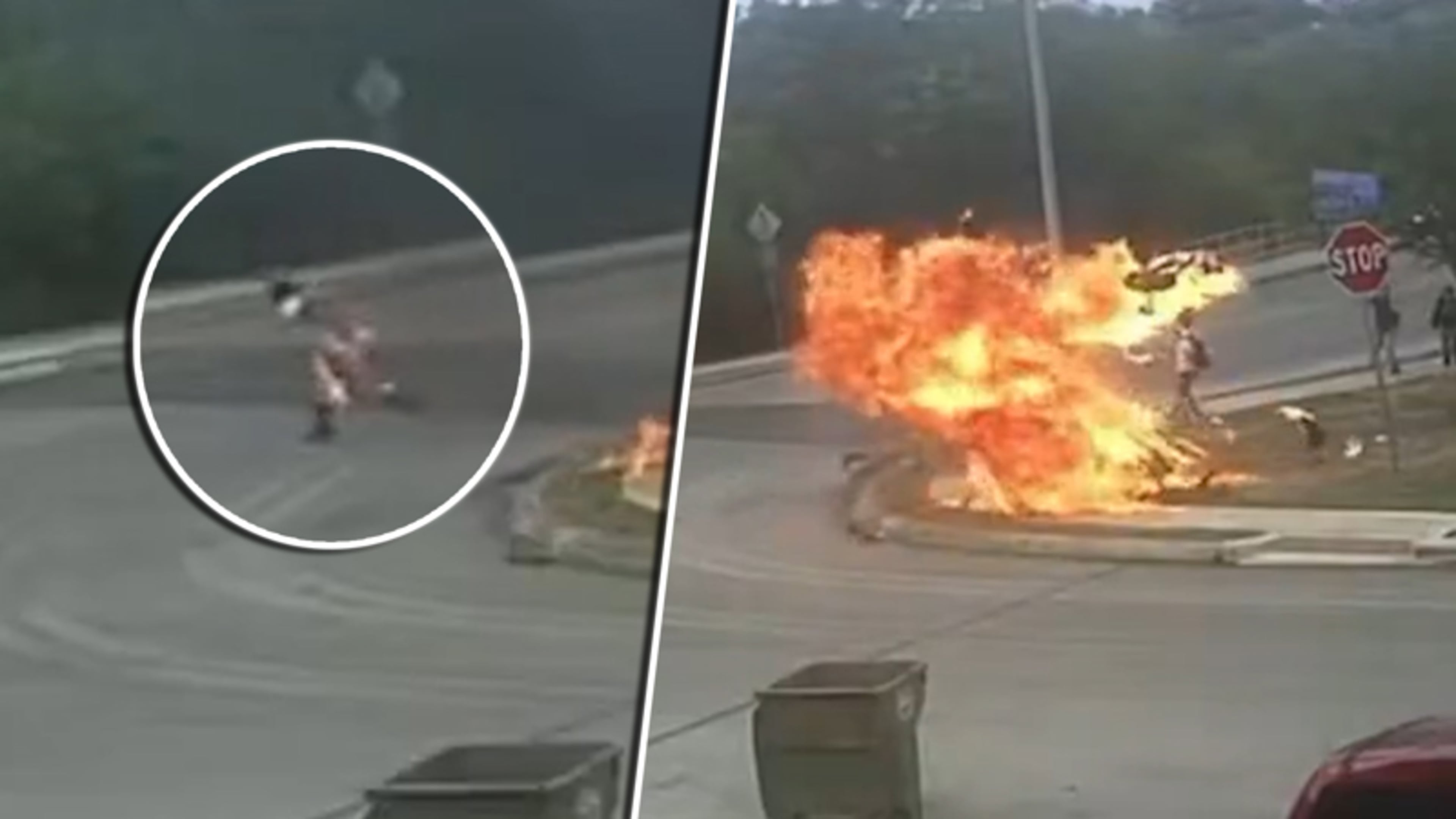 Bizarre situatie na motorcrash: bestuurder staat in de fik en kinderen rennen voor hun leven