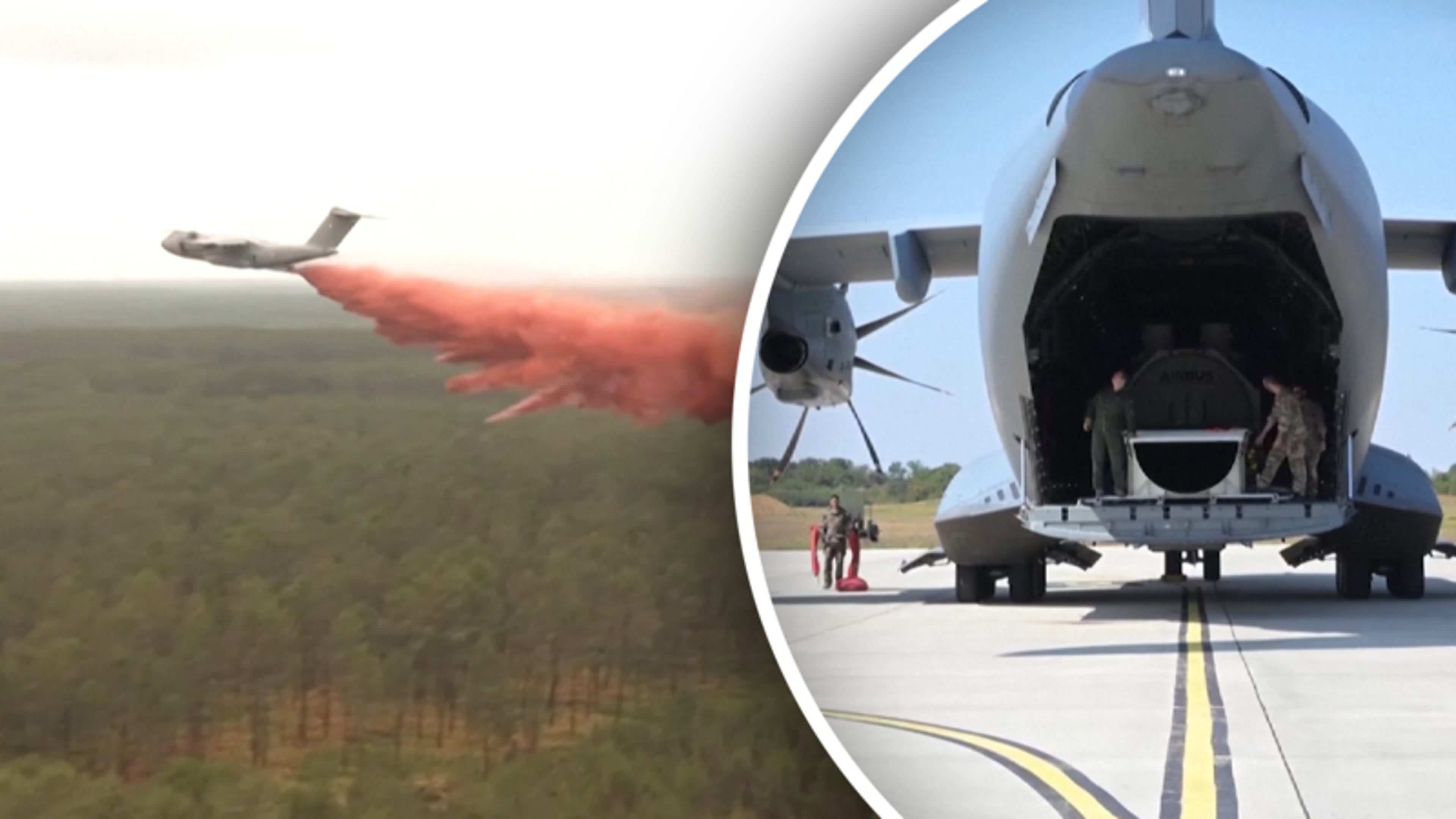 Fransen bestrijden bosbranden met brandvertragend materiaal uit enorme tank in militair vliegtuig