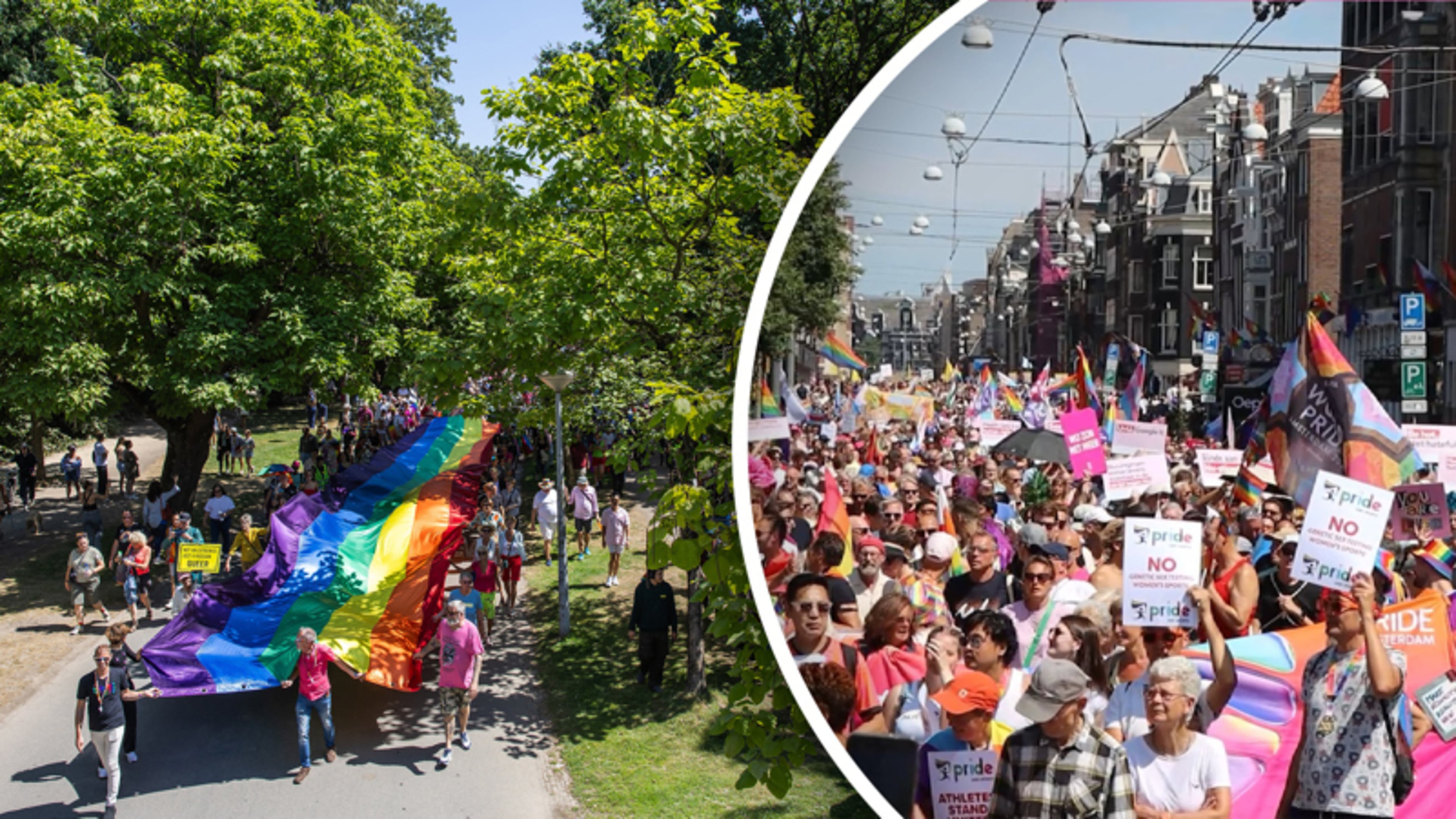Honderden mensen lopen met enorm regenboog spanddoek door Amsterdam tijdens Pride Walk