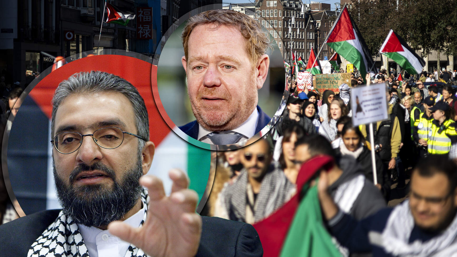 Amin Abou Rashed, alias Abou Eenarm, linksonder. Midden is minister van Justitie en Veiligheid David van Weel.