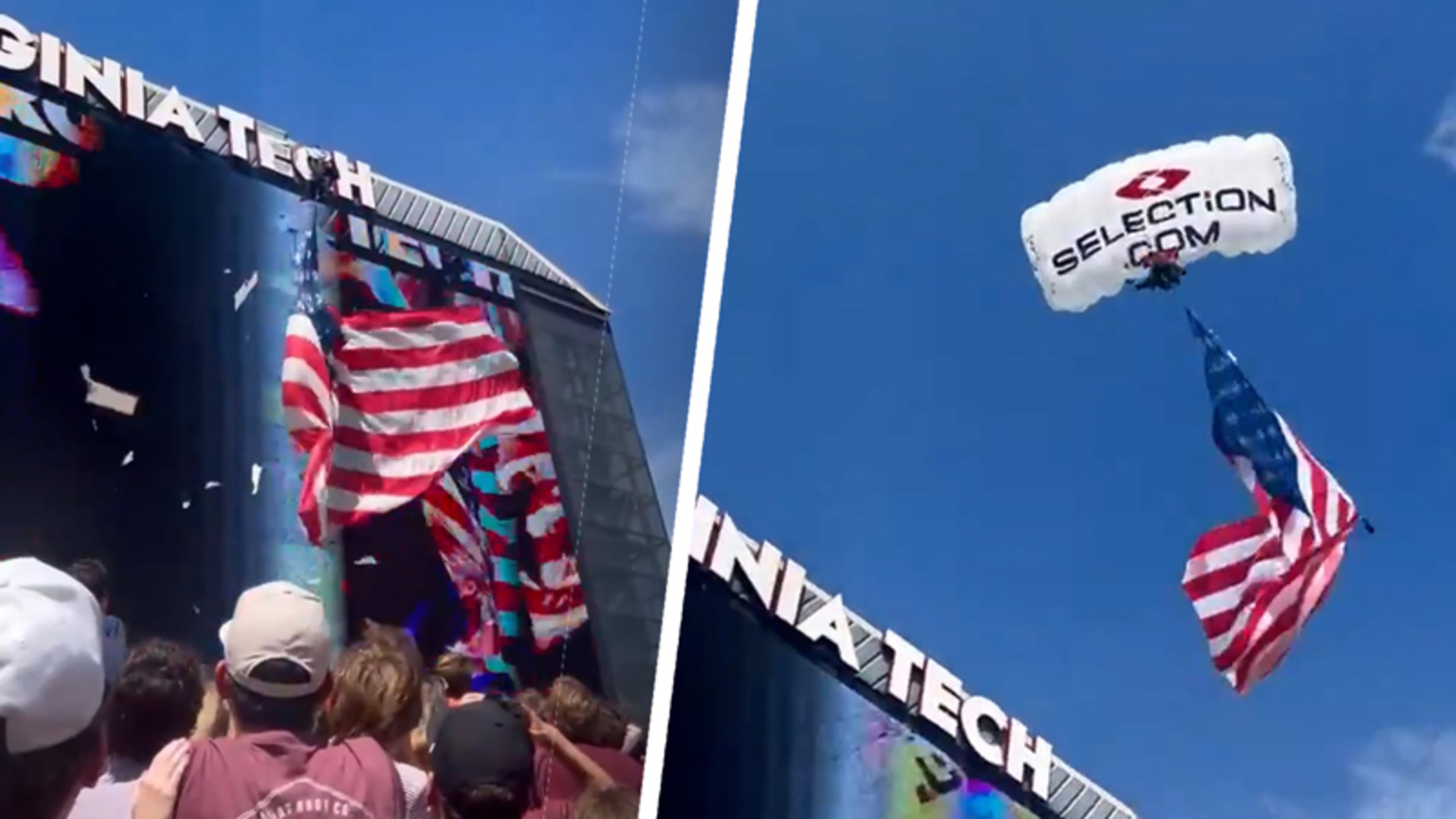 Skydiver klapt tegen scorebord aan tijdens American football-wedstrijd