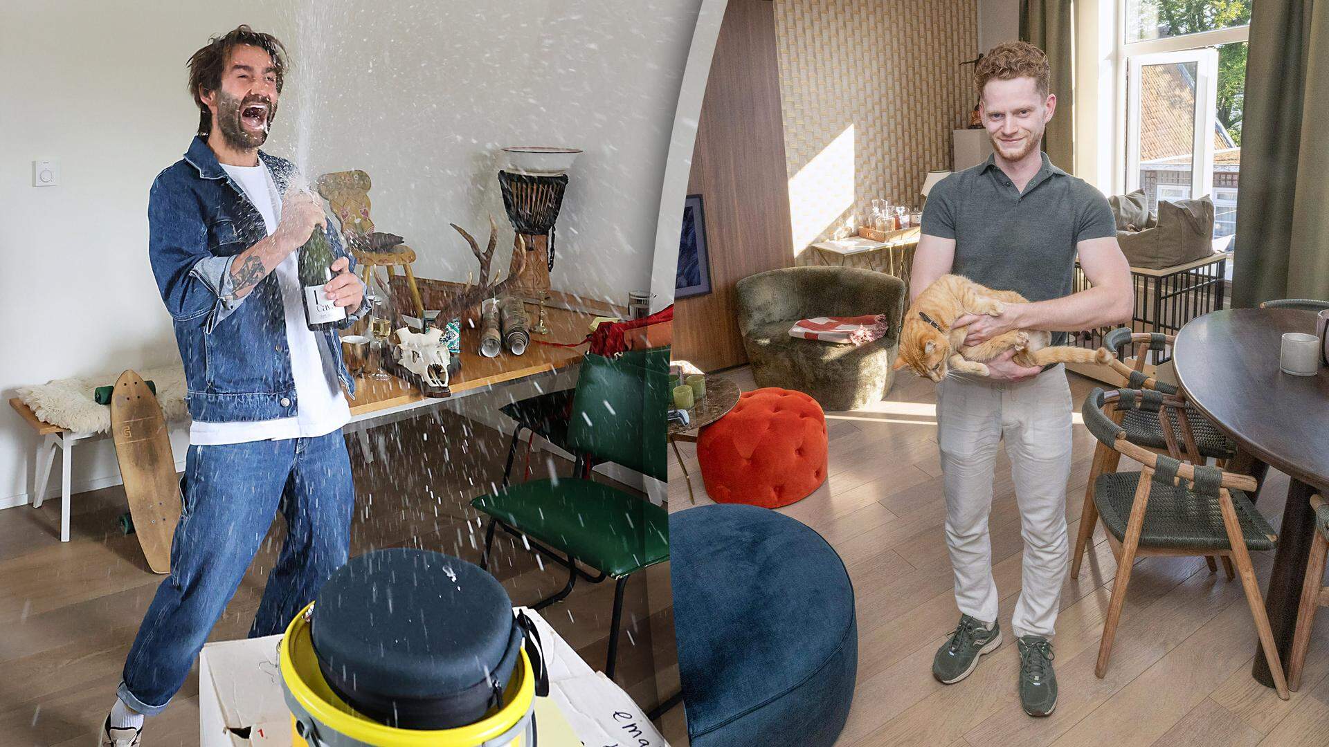 Bram Assenberg (L) en Stefan Schothuis (R) zijn dolgelukkig met hun koophuizen. „Doorzetten en geluk hebben.”