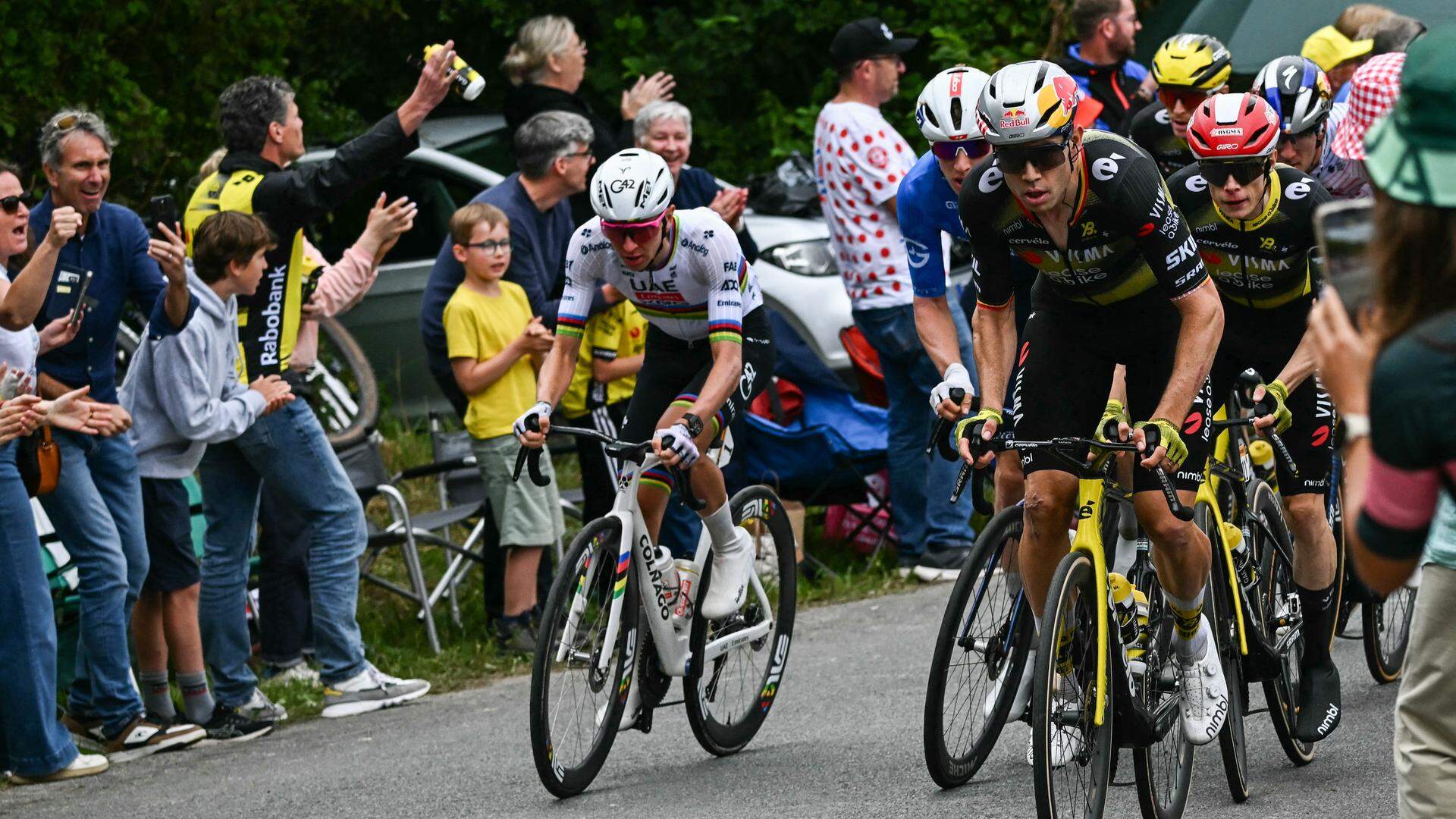Tadej Pogacar, Wout van Aert en Jonas Vingegaard.