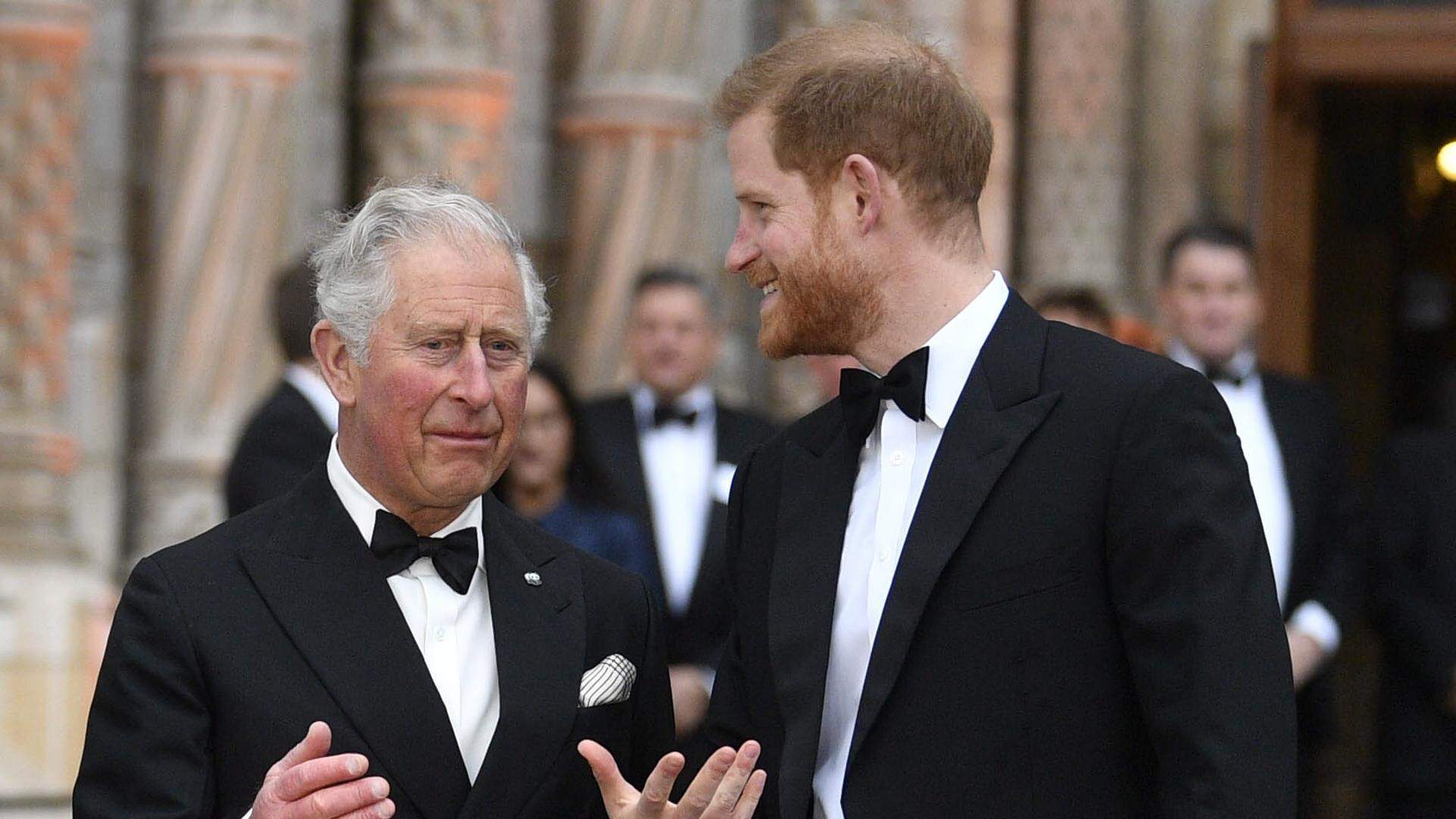 epa07485429 Britain's Charles, Prince of Wales (L) and his son Prince Harry, Duke of Sussex attend the World Premiere of 'Our Planet' at the Natural History Museum in London, Britain, 04 April 2019. The Our Planet nature documentary series, made for steaming service Netflix, is released 05 April 2019.  EPA/NEIL HALL
