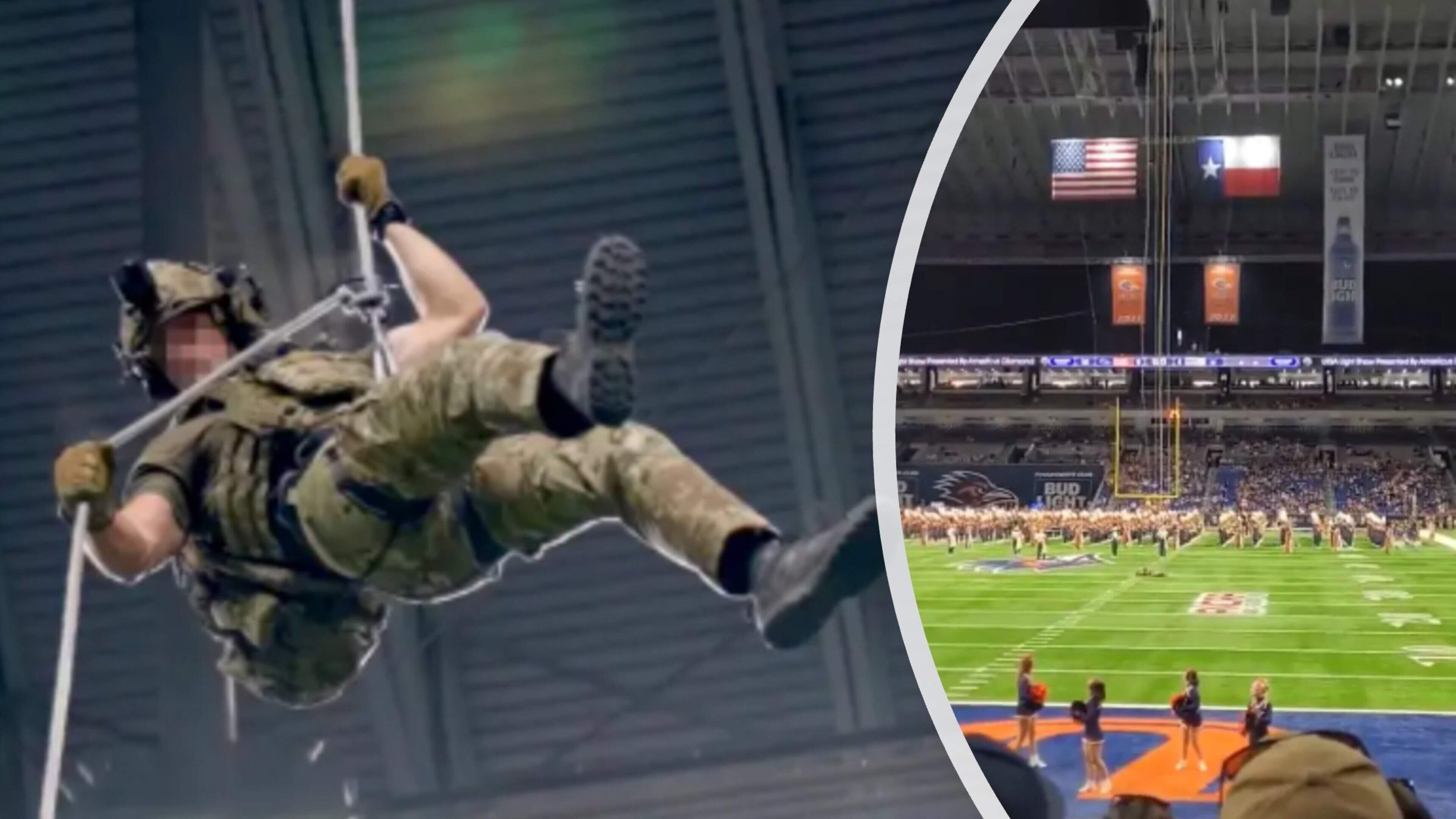 Militair stort tientallen meters naar beneden tijdens voor ogen tienduizenden toeschouwers bij American football-wedstrijd
