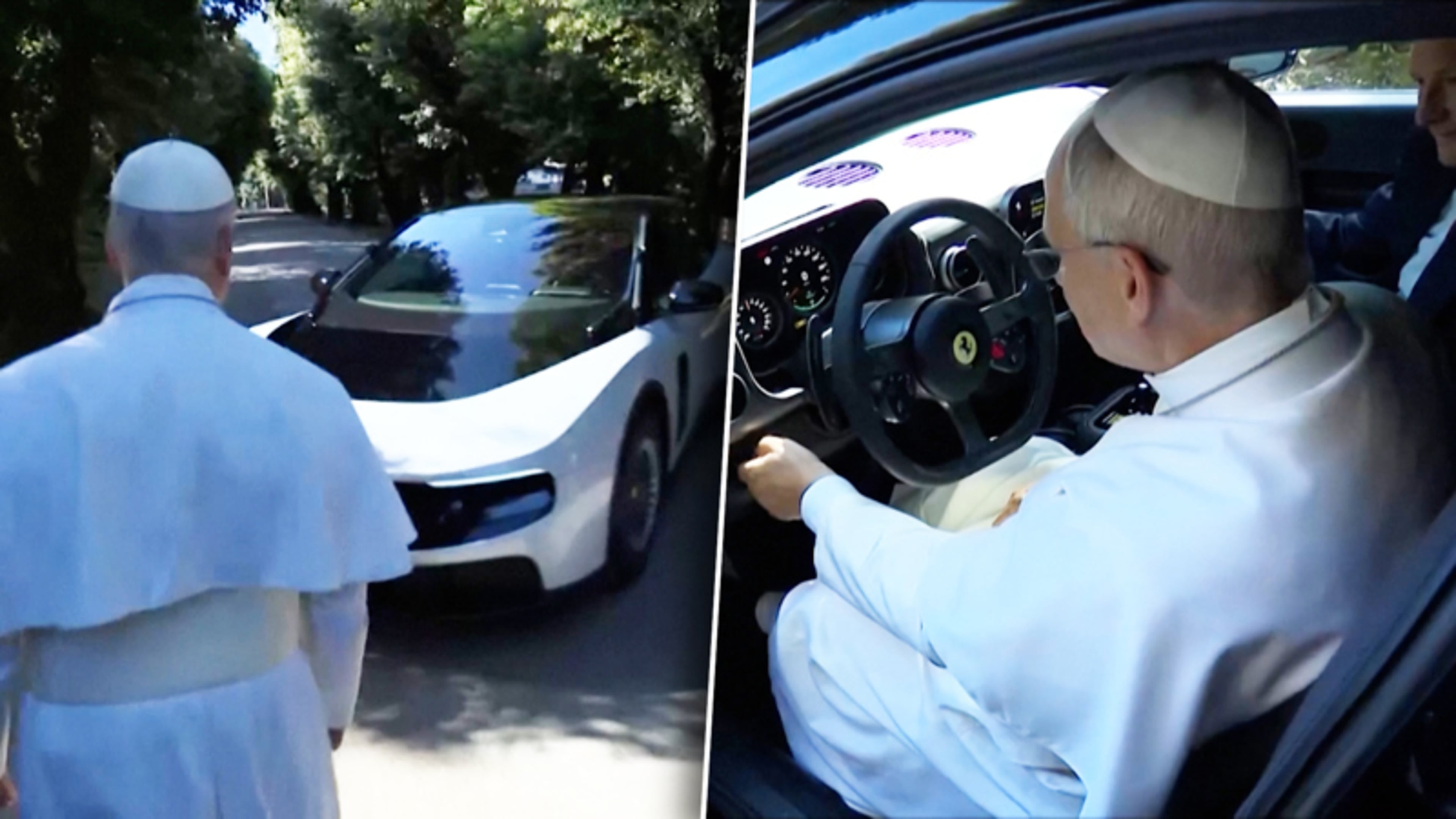 Paus Leo kruipt achter het stuur van Ferrari’s nieuwste auto