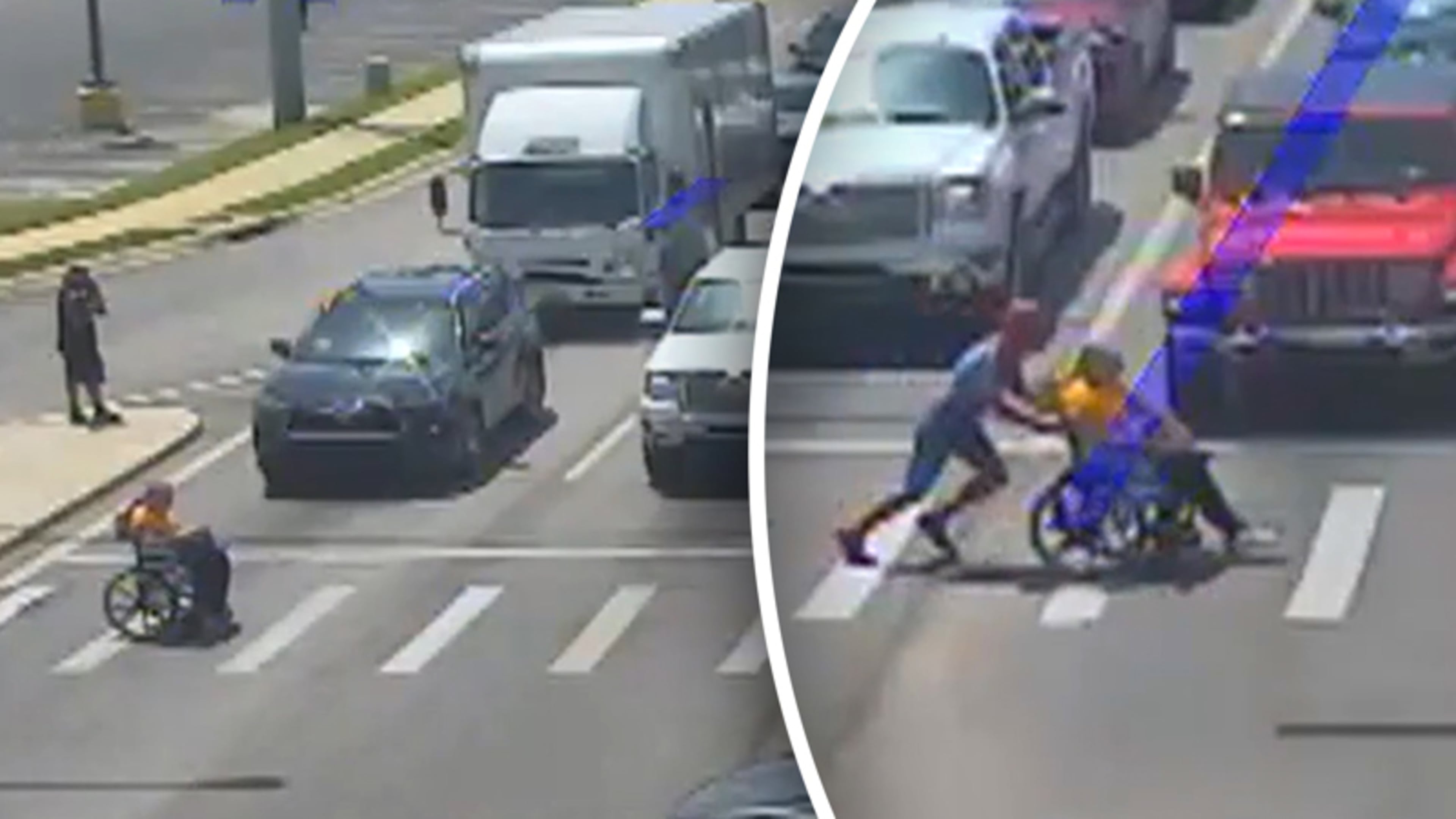 ‘Spiderman’ helpt man in rolstoel een druk kruispunt oversteken