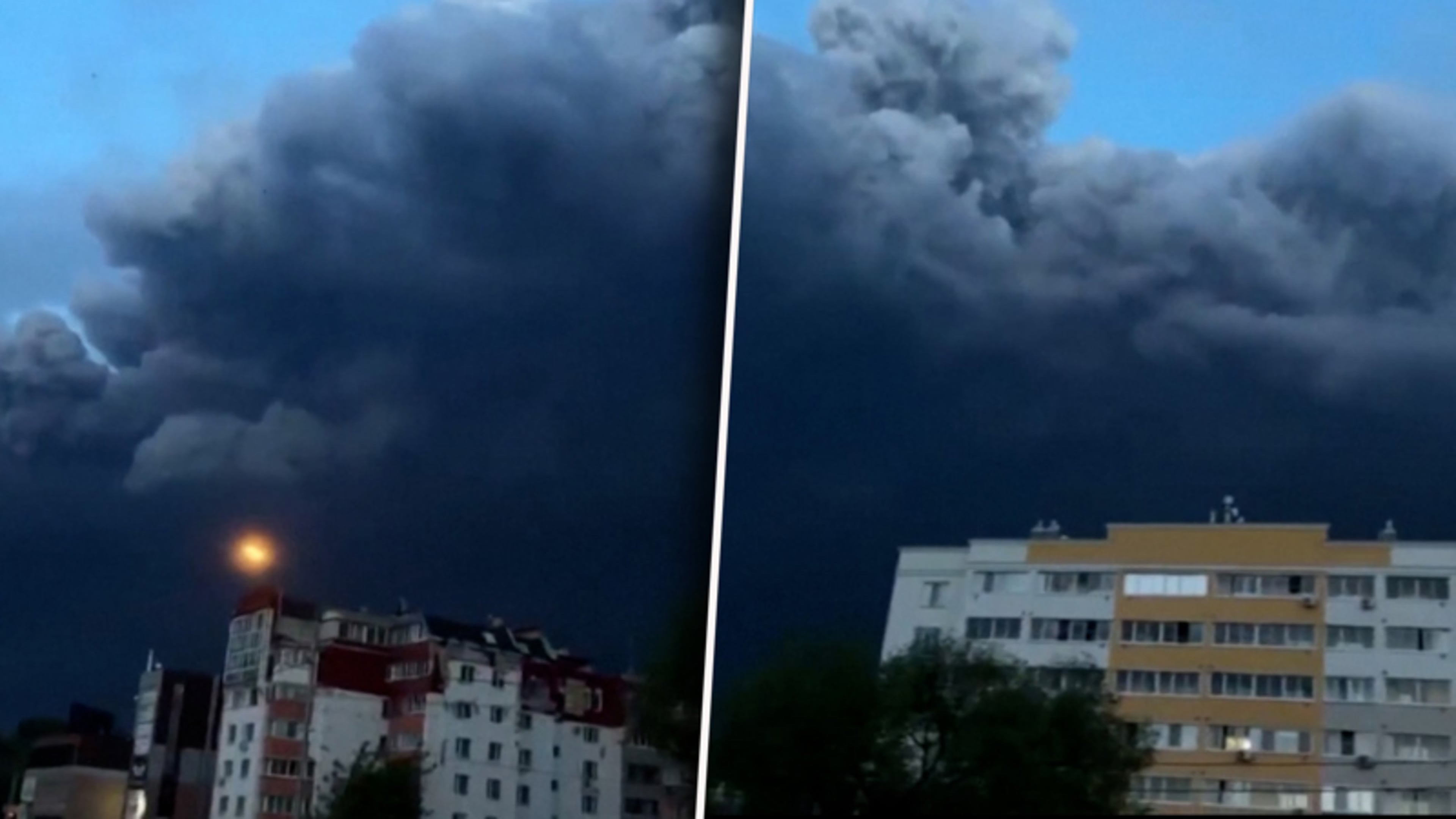 Gigantische zwarte wolken gefilmd na droneaanval op Russische stad