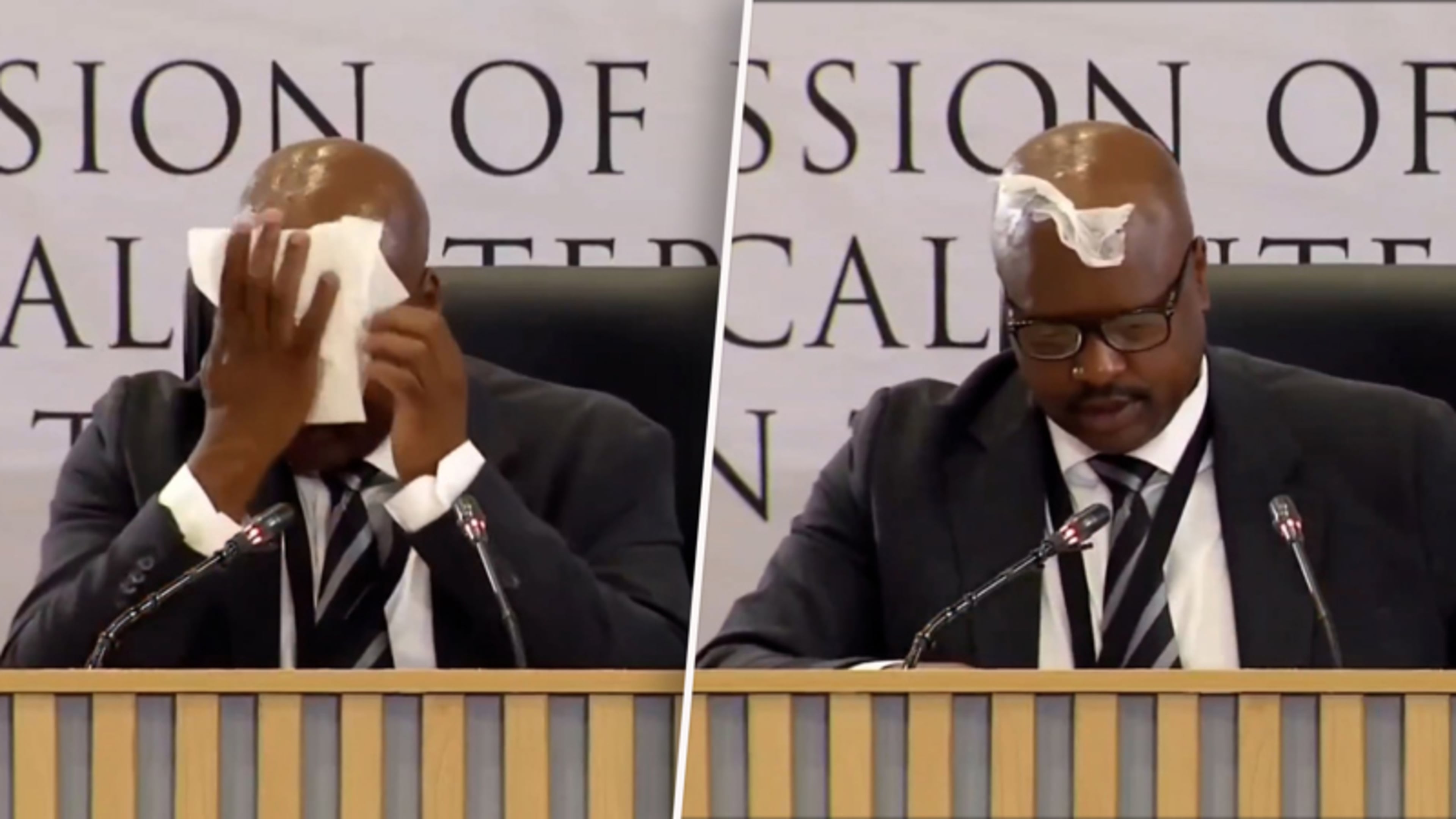 Oeps: zakdoek blijft plakken op hoofd oud-politiechef tijdens verhoor