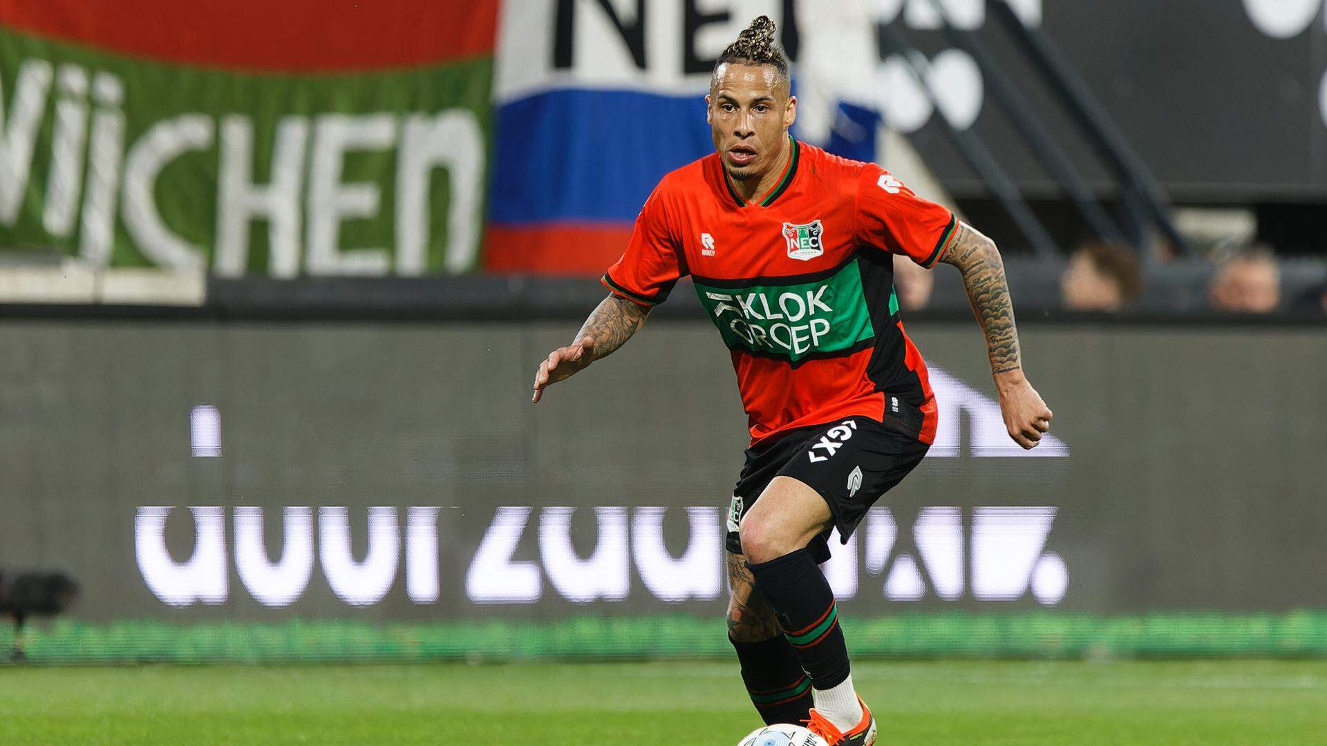 NIJMEGEN, 14-04-2024, De Goffert, Stadium of NEC, Dutch Eredivisie, football, season 2023 / 2024. NEC - PEC, NEC midfielder Tjaronn Chery 