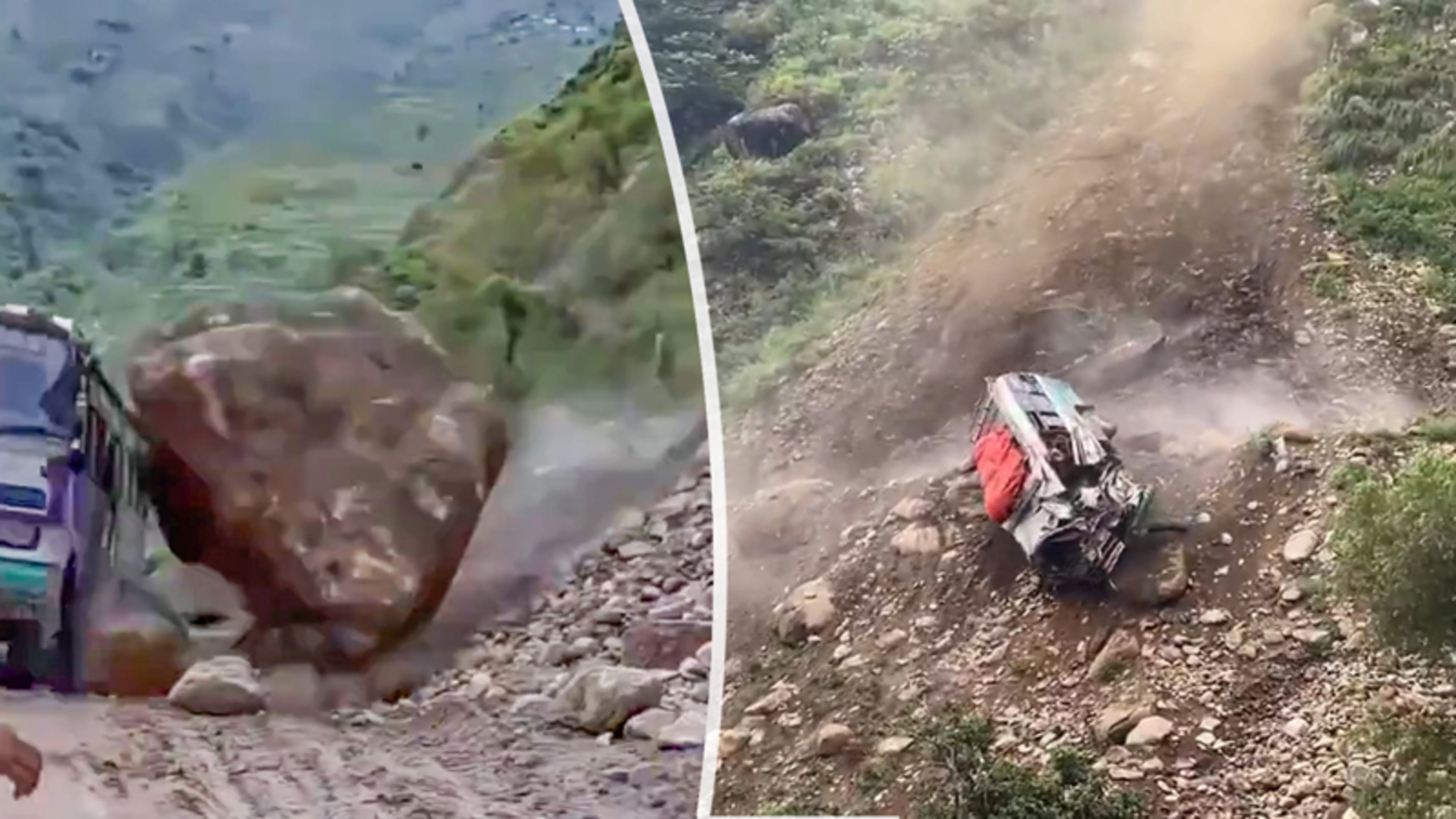 Enorm rotsblok verplettert bus tijdens aardverschuiving in Nepal