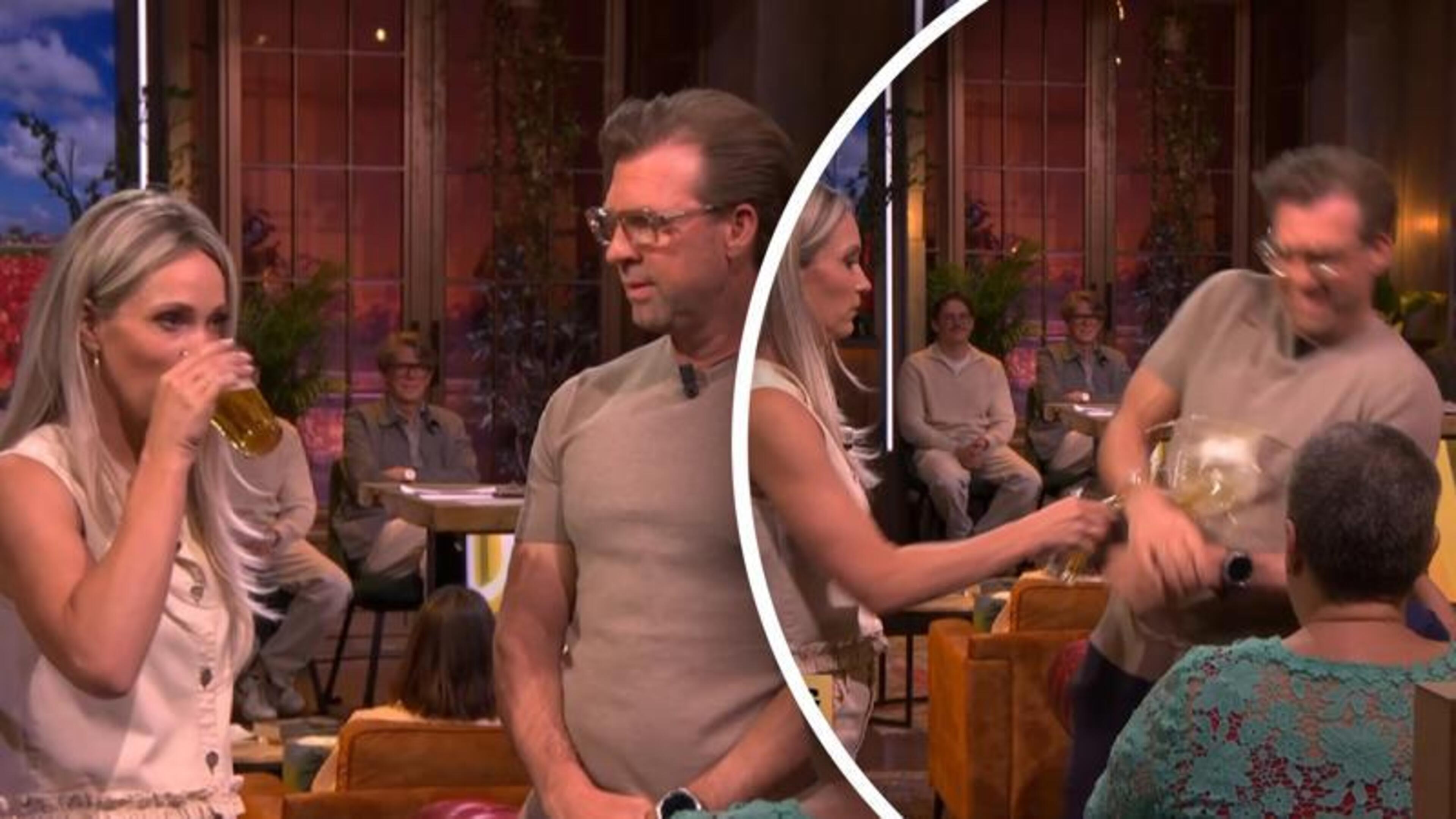 Hélène Hendriks gooit bier over Rutger Castricum in De oranjezondag