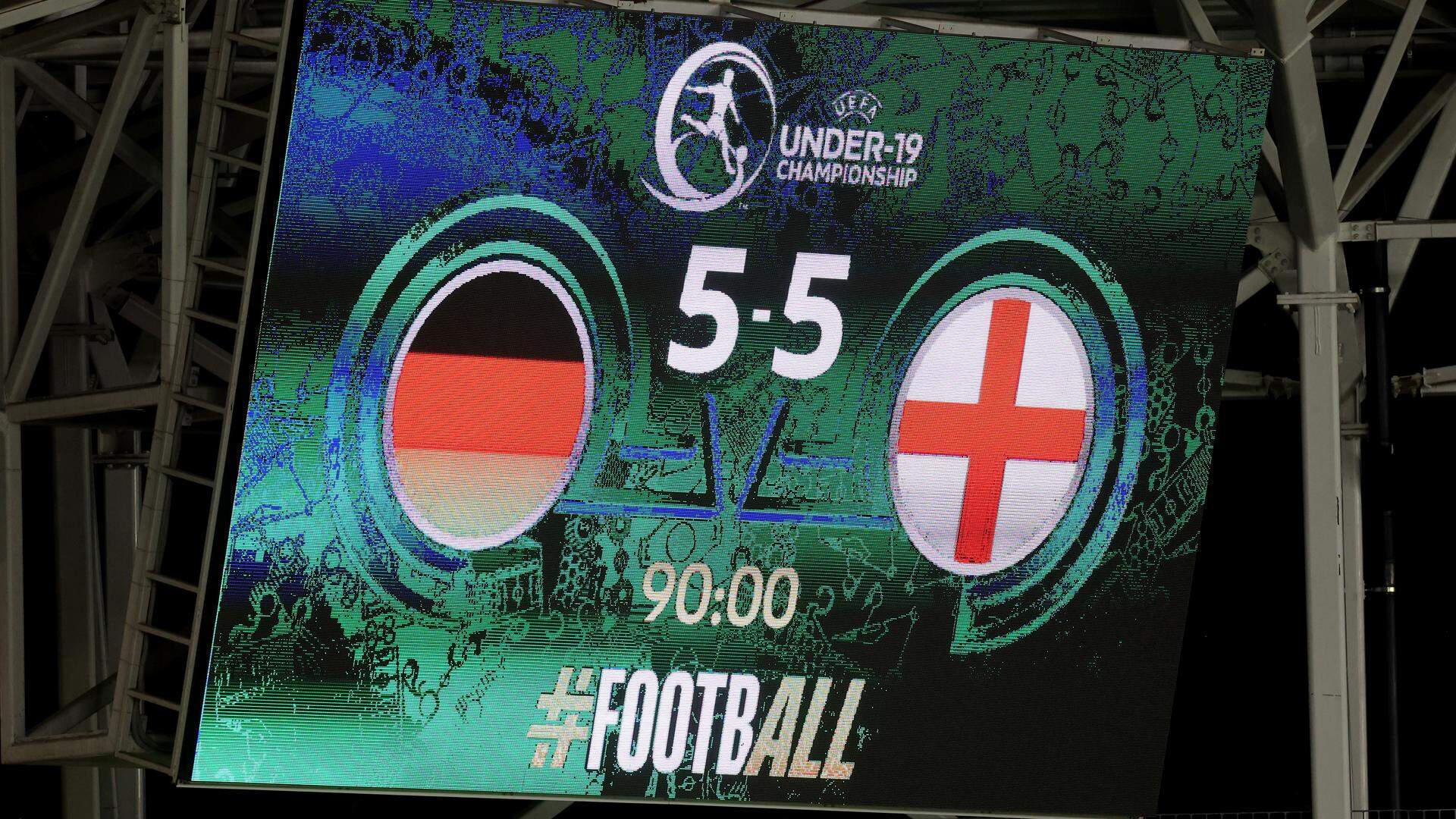 BUCHAREST, ROMANIA - JUNE 17: The LED board shows the final score of 5-5 following the UEFA European Under-19 Championship Group B match between Germany and England at Arcul de Triumf Stadium on June 17, 2025 in Bucharest, Romania.  (Photo by Harry Murphy - UEFA/UEFA via Getty Images)