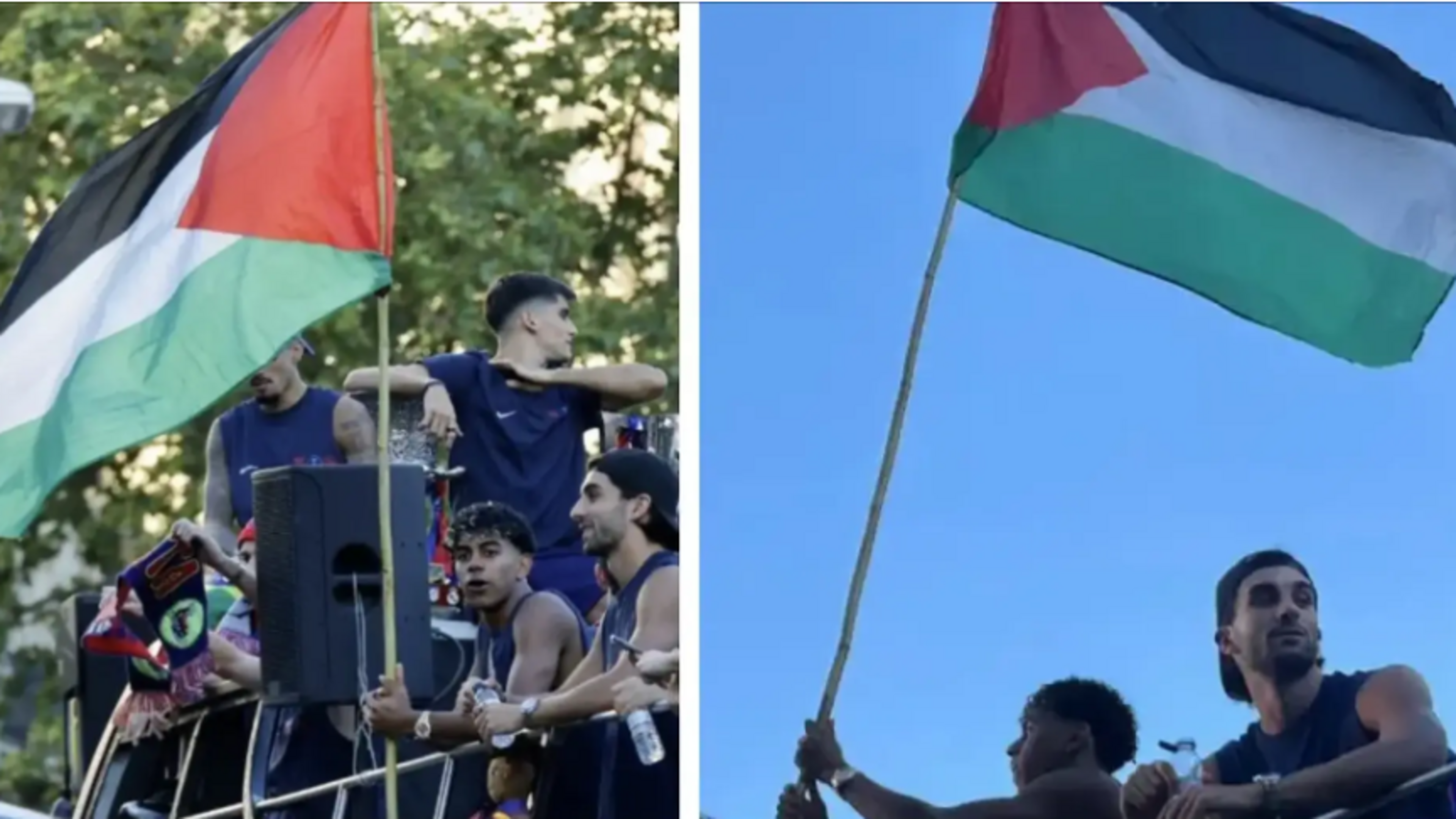 Lamine Yamal zwaait tijdens kampioensparade FC Barcelona met Palestijnse vlag